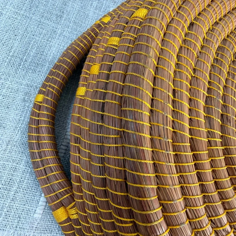 Pine Needle Woven Basket Yellow‎ Brown Cottagecore Round Basket 2 Handles 11